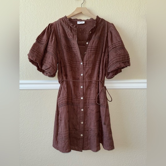 Saint Helena Rose Mini Dress Rose Clay Brown Eyelet 100% Cotton Size Small - Picture 2 of 13